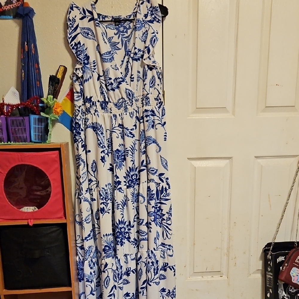SHEIN Blue and White One Shoulder Maxi Dress
